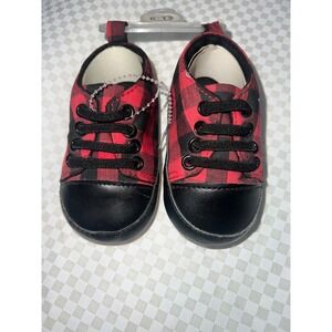 Tapout Baby Boy Crib Shoes Red Black Buffalo Plaid Soft Sole Sneakers 6-12 month